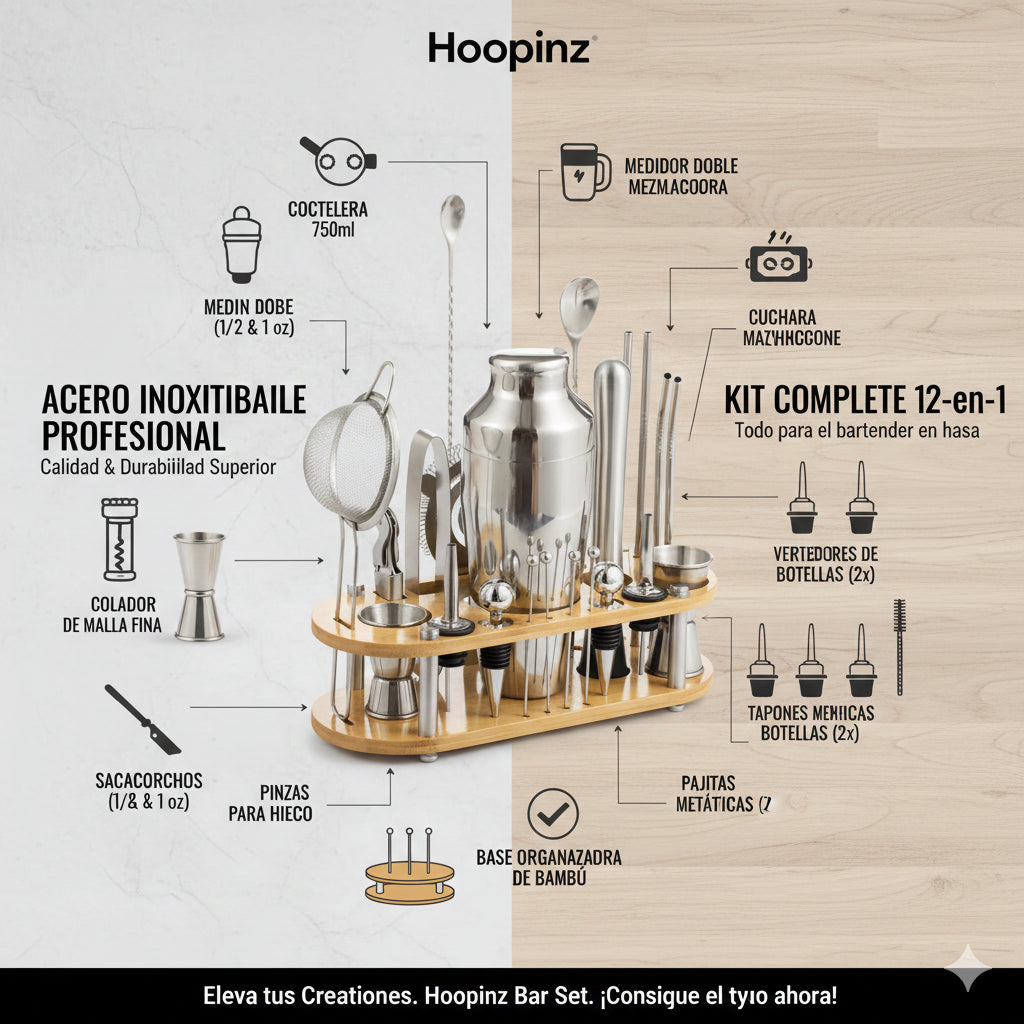 Set Coctelería en Acero inoxidable Mixology™ 23 piezas en base de bambú