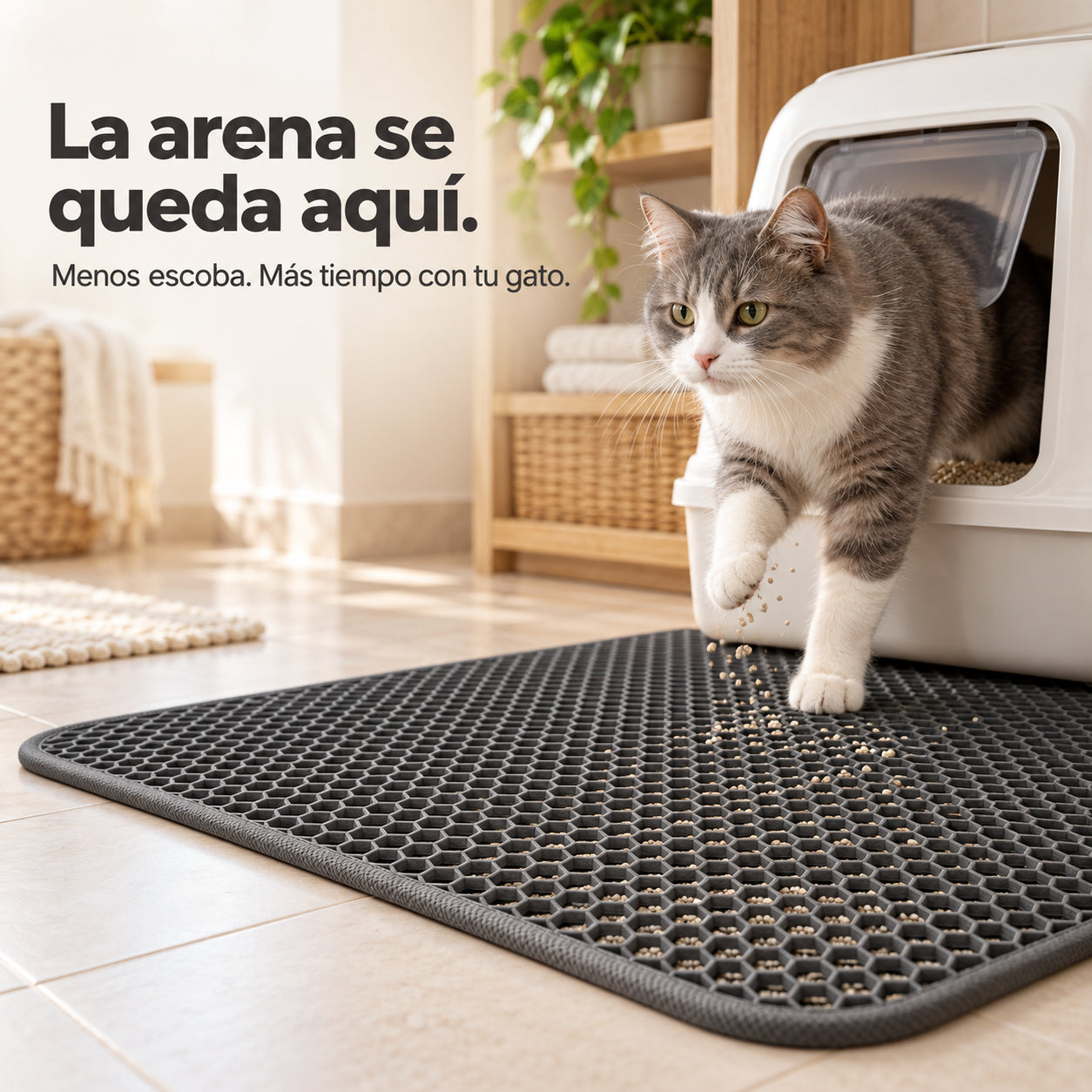 Gato saliendo del arenero sobre el tapete CatClean