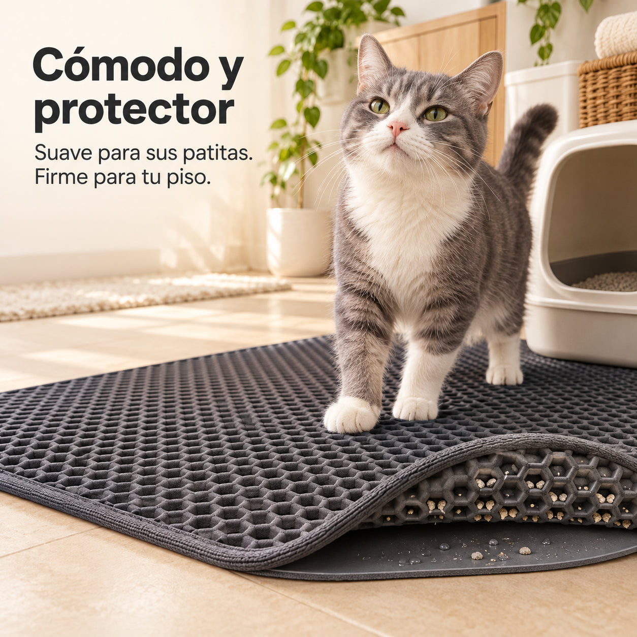 Gato caminando sobre el tapete CatClean frente al arenero