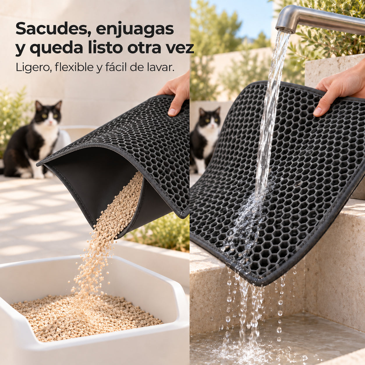 Vaciando y lavando el tapete CatClean con agua